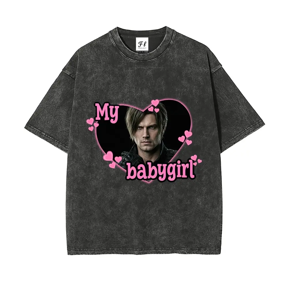 My babygirl Leon Kennedy resident evil requiem Apron  Unisex Clothing Round Neck Washed T-Shirt Vintage Style Casual Oversized