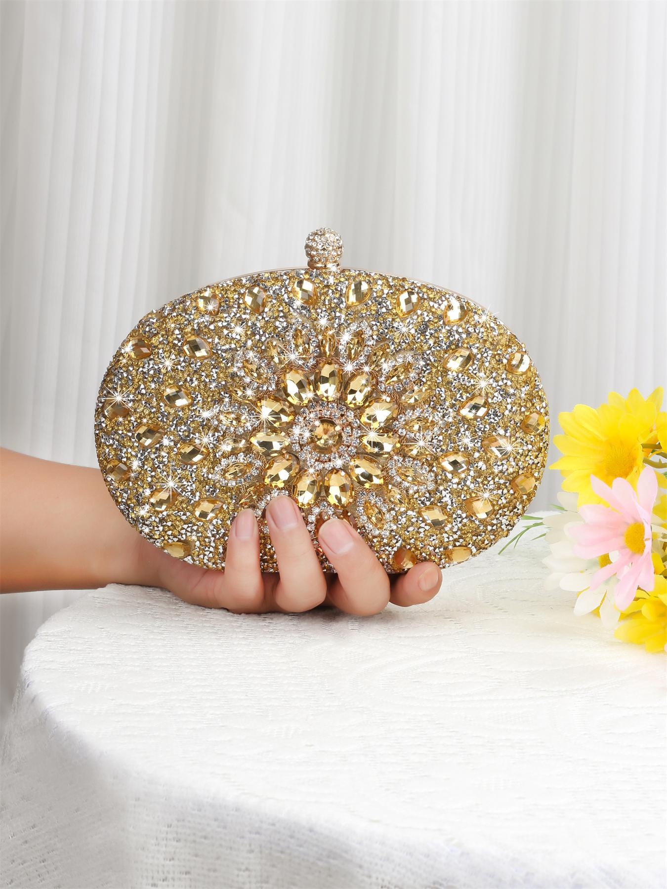 Women's Elegant Rhinestone Decorated Evening Bag, Exquisite Trendy Glittering Clutch Bag with Removable Chain Strap, Fashionable Bag for Party Decoration, Clutch Purse