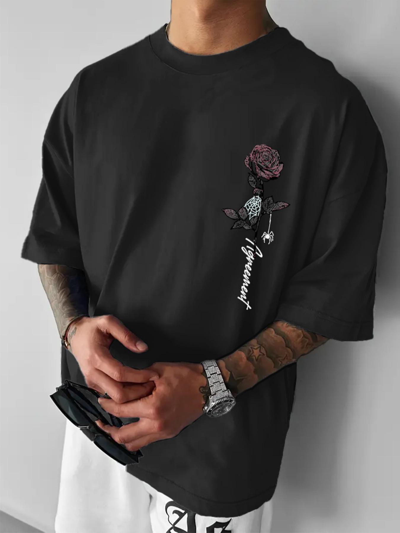 Men's Rose & Athletic Letter Print Round Neck Tee, Loose Casual Fashion Short Sleeve T-shirt for Summer, Men's Top for Daily Wear