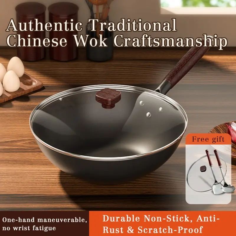 4 Piece Set: 12.59" 13.39" Wok with Glass Lid and Spoon, Pre-Seasoned Flat Bottom Chinese Wok for Electric, Gas, Induction Stoves
