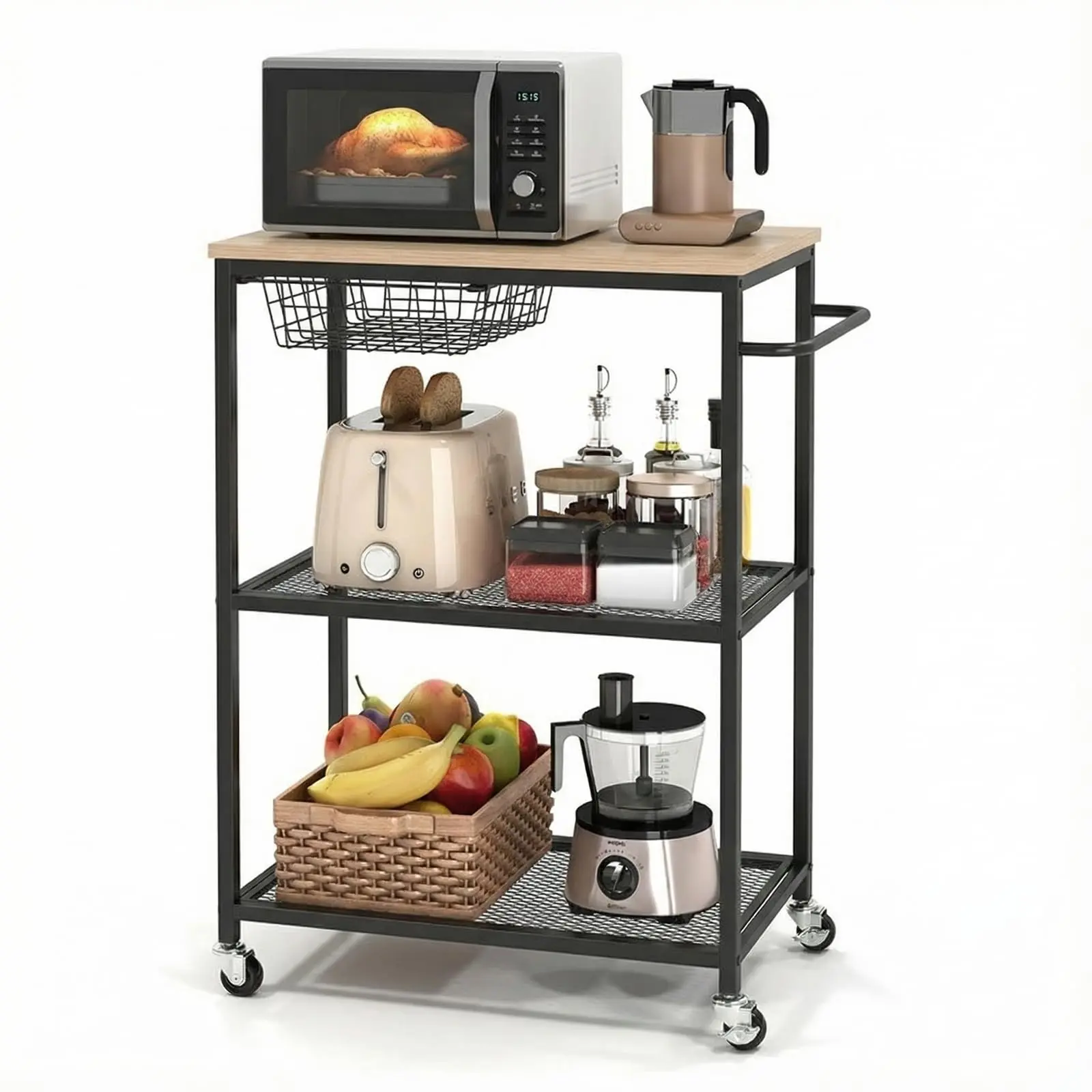 Garvee Rolling Kitchen Carts on Wheels, 3 Tier Mobile Utility Cart with Wood Tabletop Storage Cart, Metal Serving Carts with Handle and Shelf Liner for Island Restaurant Coffee Bar Living Room Office Black
