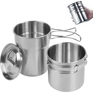 Foldable Camping Cups Mugs Camping Pot Cookware 304-Food-Grade Outdoor Camp Cooking Set with Vented lid,Stainless Steel Backpacking Cookware for Hunting