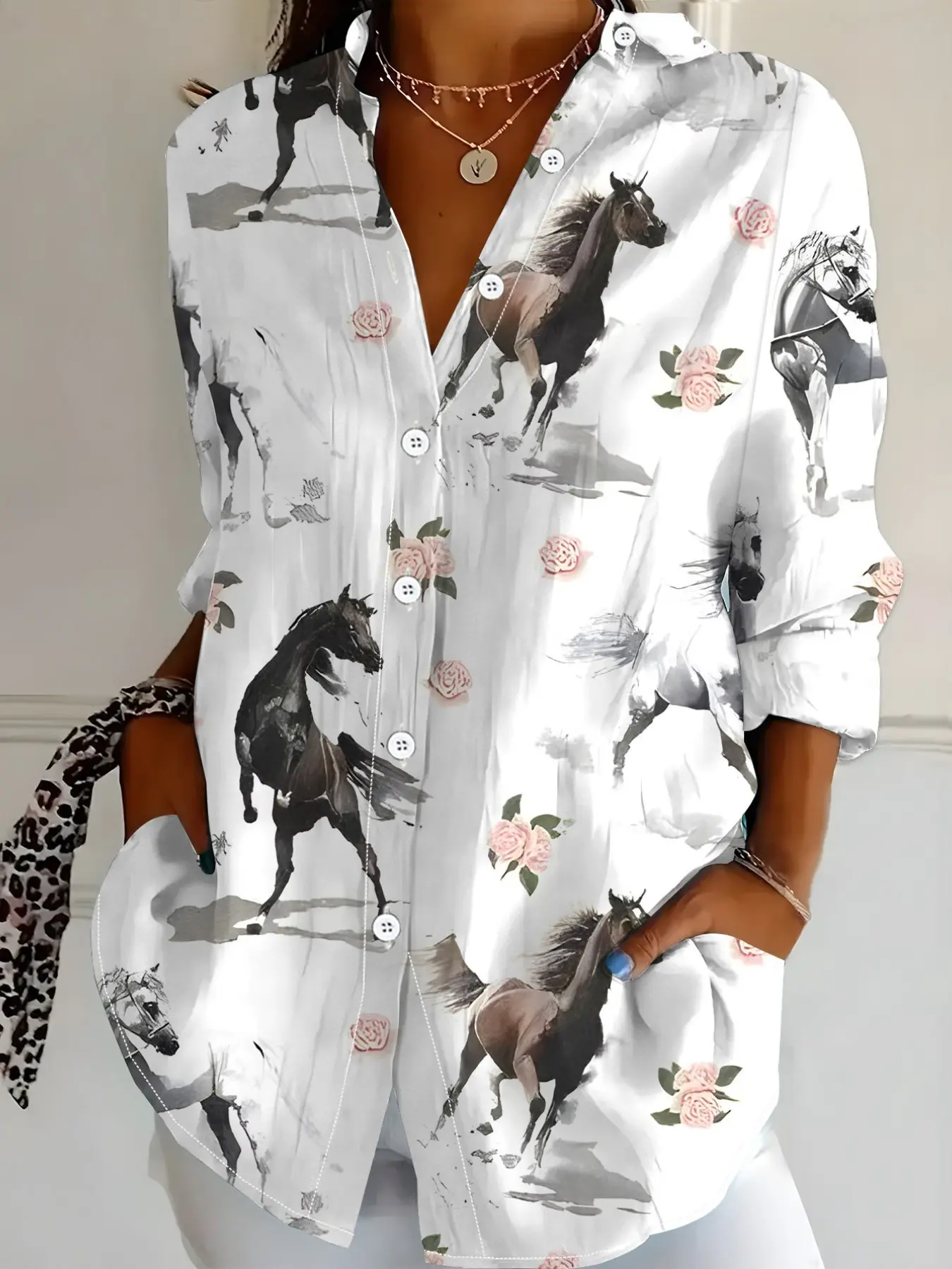 2026 New Women's American Western Style Horse Flower Print Collar Blouse, Unique Atmosphere Autumn Commute Loose Shirt Jacket