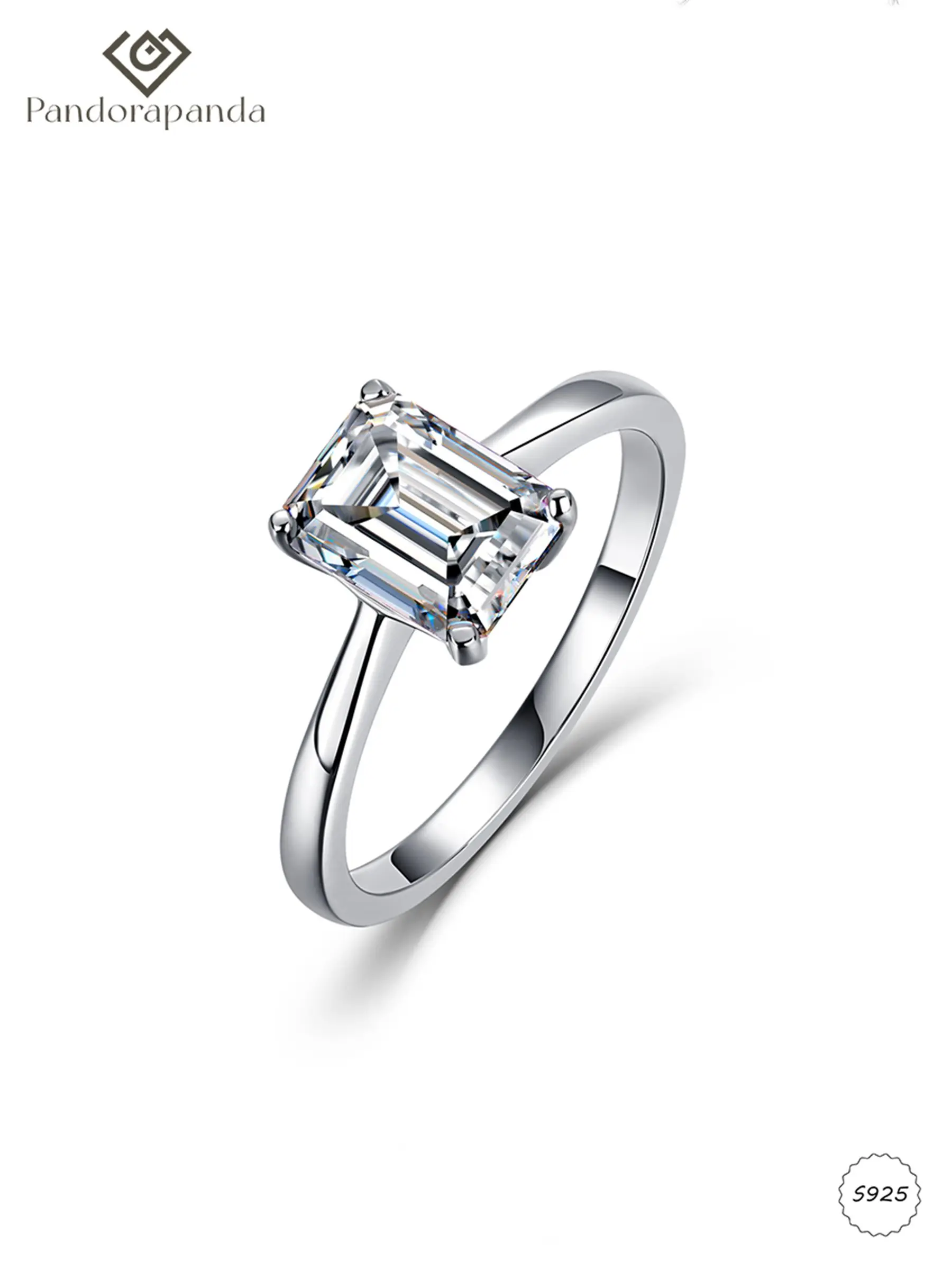S925 Silver Four Claw Emerald Moissanite Ring, Minimalist Polished Band, Engagement Wedding Diamond Ring, Elegant Jewelry Gift