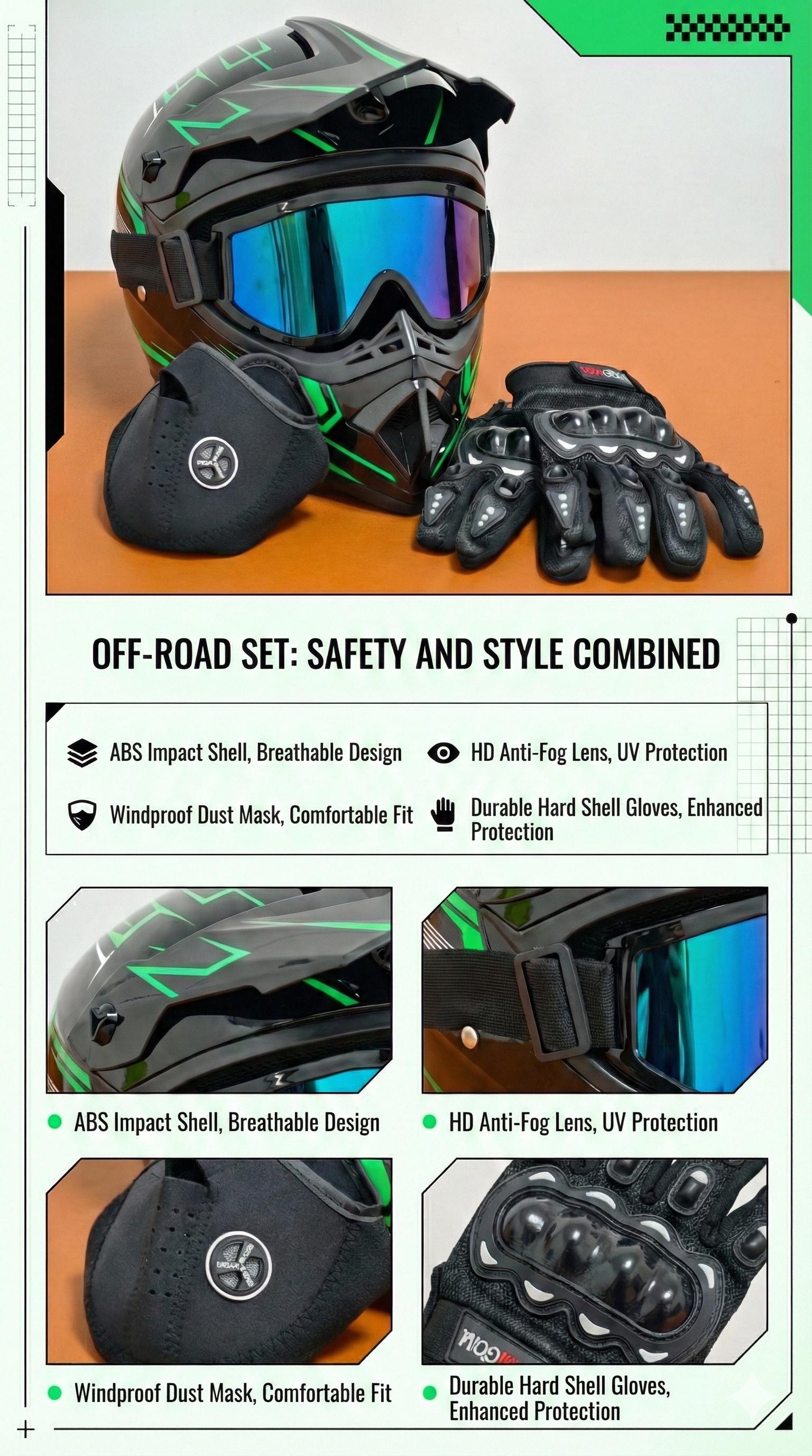 Electric Bicycle Helmet Black Green Flash DOT Full Face Dirt Bike Helmet  Adult 4-Piece Set with Goggles Gloves Mask ATV UTV Motocross Helmet Men  Women Off-Road Racing Helmet Windproof Breathable - TikTok