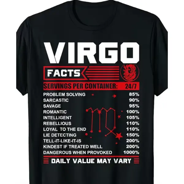 Virgo Facts Zodiac Sign Vintage Nutrition Chart Style Astrology Graphic Short Sleeve T-Shirt, Unisex Summer Vacation Back To School Horoscope Casual Tops, 100% Pure Cotton Printed Craft Summervibes Tee, Soft Breathable Loose Fit daily outfits