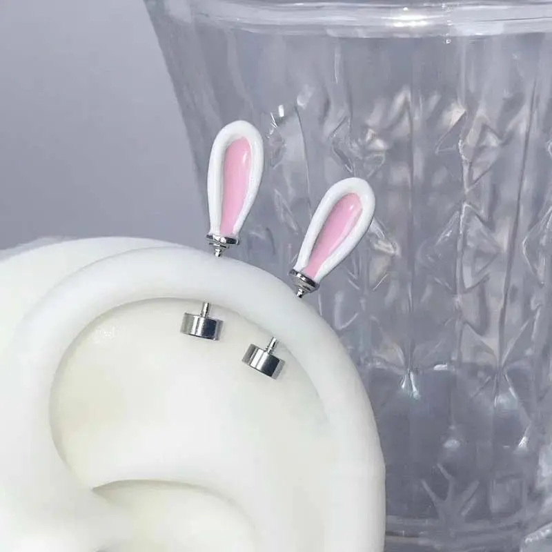 Stainless Steel Pink Rabbit Ear Bone Nail Earrings for Women Girls Sweet Cute Drip Oil Piercing Earrings Y2K Jewelry Accessories