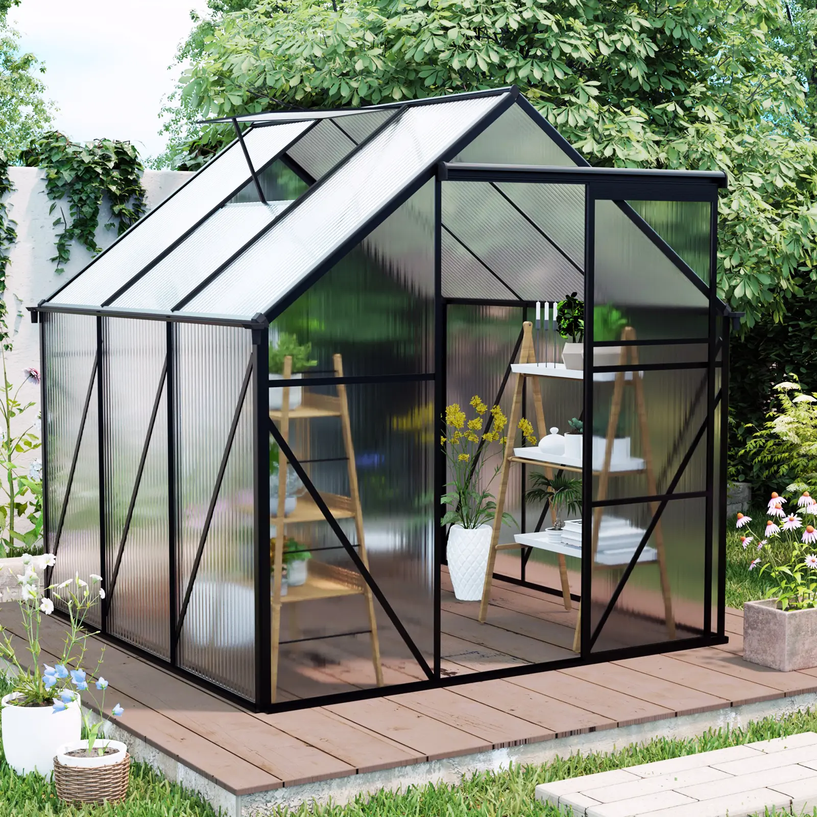 Nokaa 6x6 ft Black Polycarbonate Greenhouse with Raised Base and Anchor – Heavy Duty Aluminum Walk-in for Outdoor Backyard All-Season Gardening, Multiple Options Available