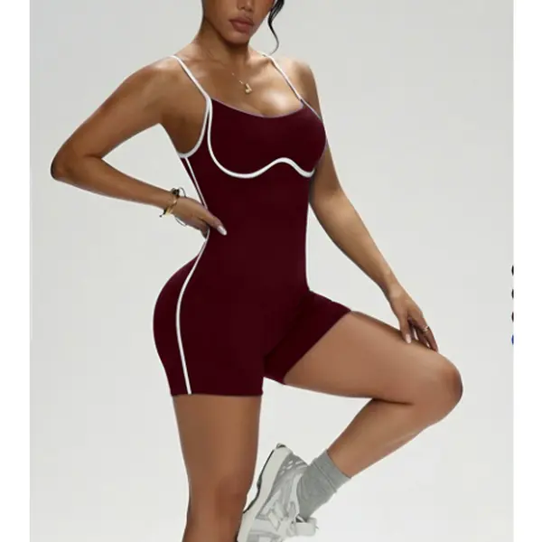 Women Spaghetti Strap Color Block Yoga Jumpsuit U‑Back Sleeveless One Piece Shorts Romper Fitness Workout Bodysuit