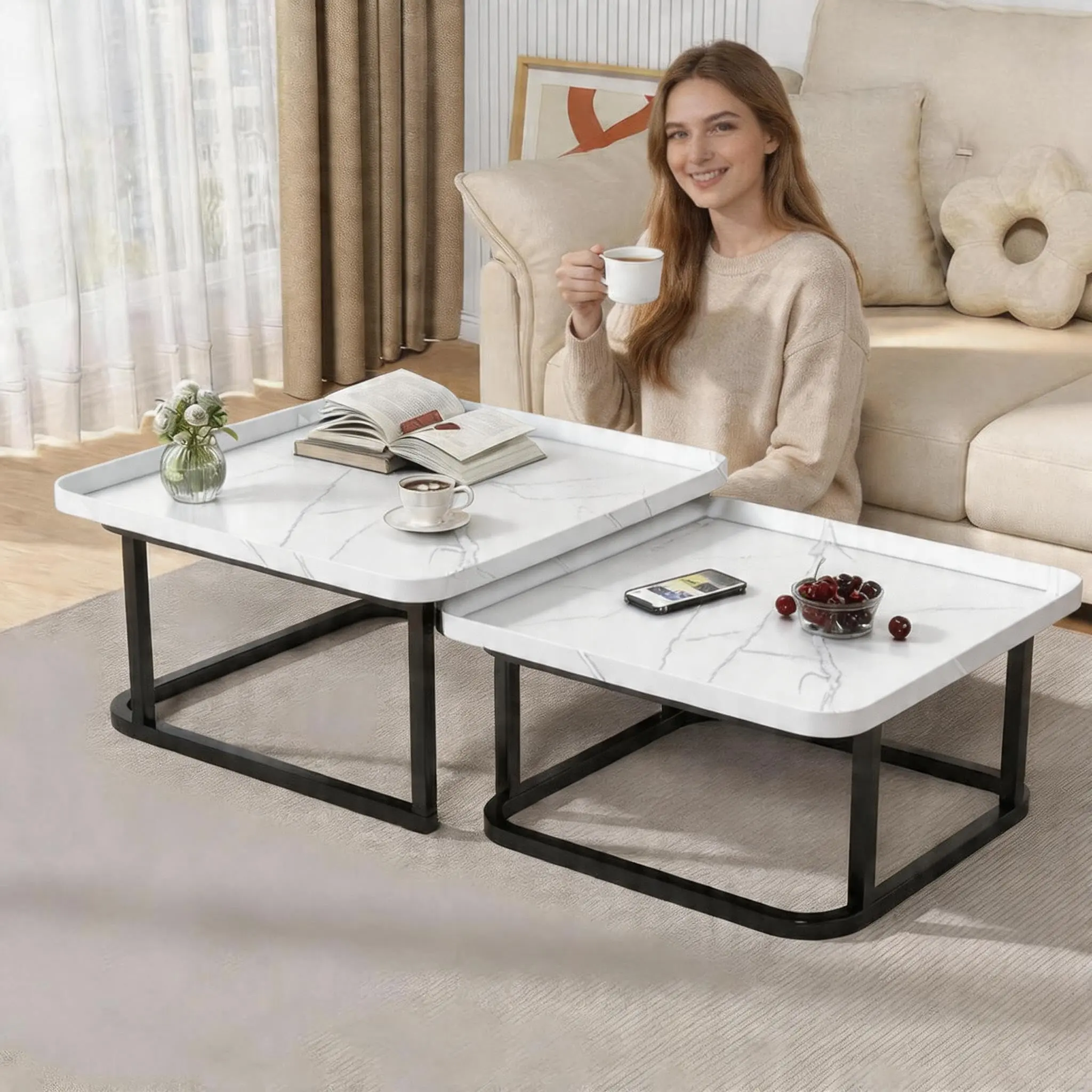 2PC Modern Space-Saving Nesting Coffee Table  – Square Stackable MDF Tables with Metal Legs