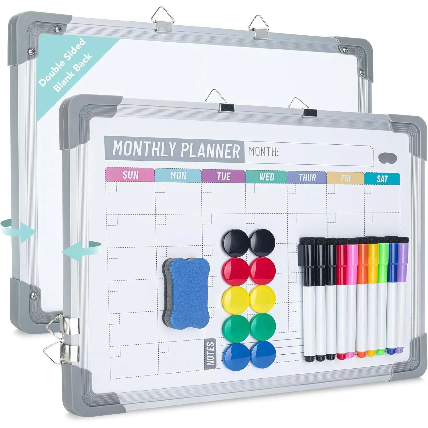 Wall Mount Monthly Dry Erase Calendar Board, 16x12 Inches - Double-Sided Small Planning Tool with Dry Erase Markers, Portable Office Stationery for School Drawing