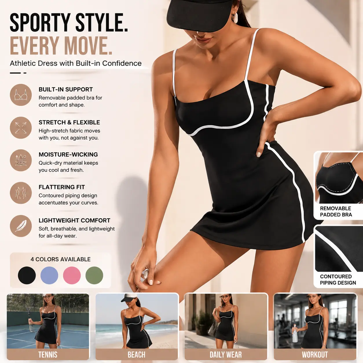 Women's Fitted Square Neck Sleeveless Quick Dry Athletic Dress - Tank Tops Style, Adjustable Removable Bra, Built-in Shorts with Pockets, Comfortable Athleisure for Tennis & Golf