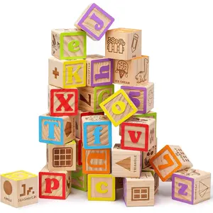 Wooden Alphabet Blocks 1.73 Inch, 30Pcs Building Blocks Including Letters, Numbers and Animals, Montessori Wooden Blocks for Preschool Toddlersfidget toys