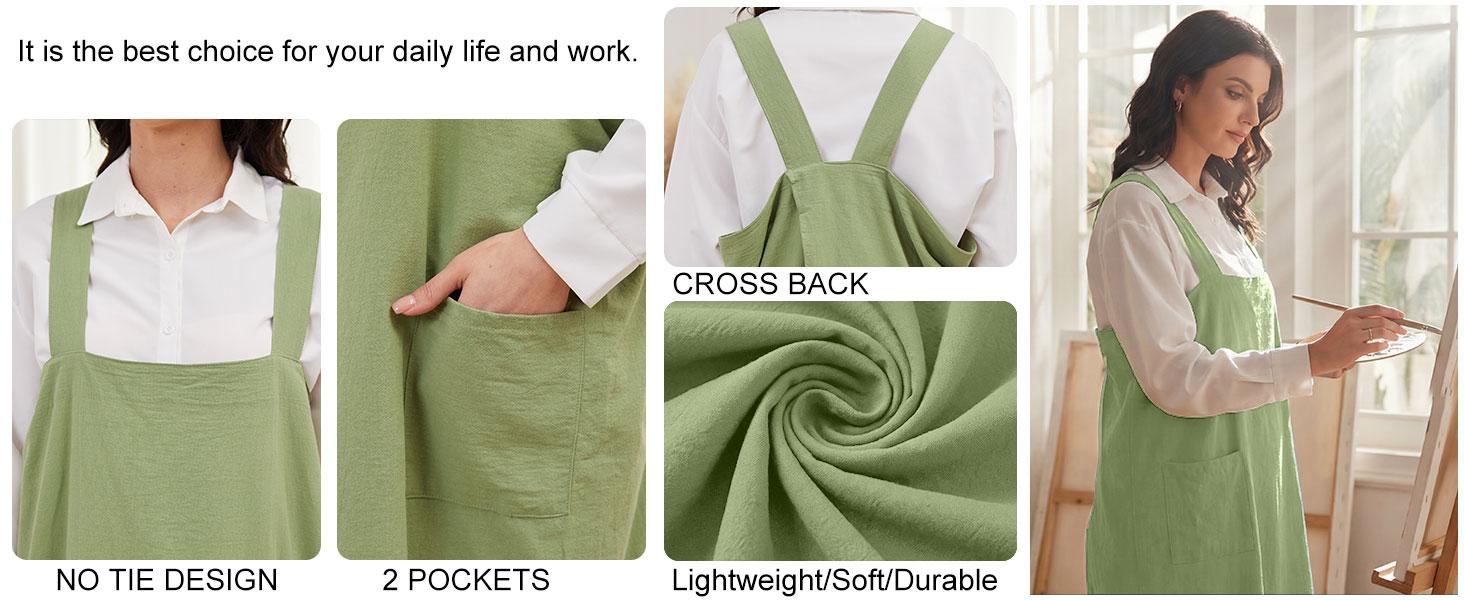 Women's Practical Cross Back Pinafore Apron with Large Pockets Home Kitchen,Restaurant,Coffee House,Cooking,Gardening clothes earthy