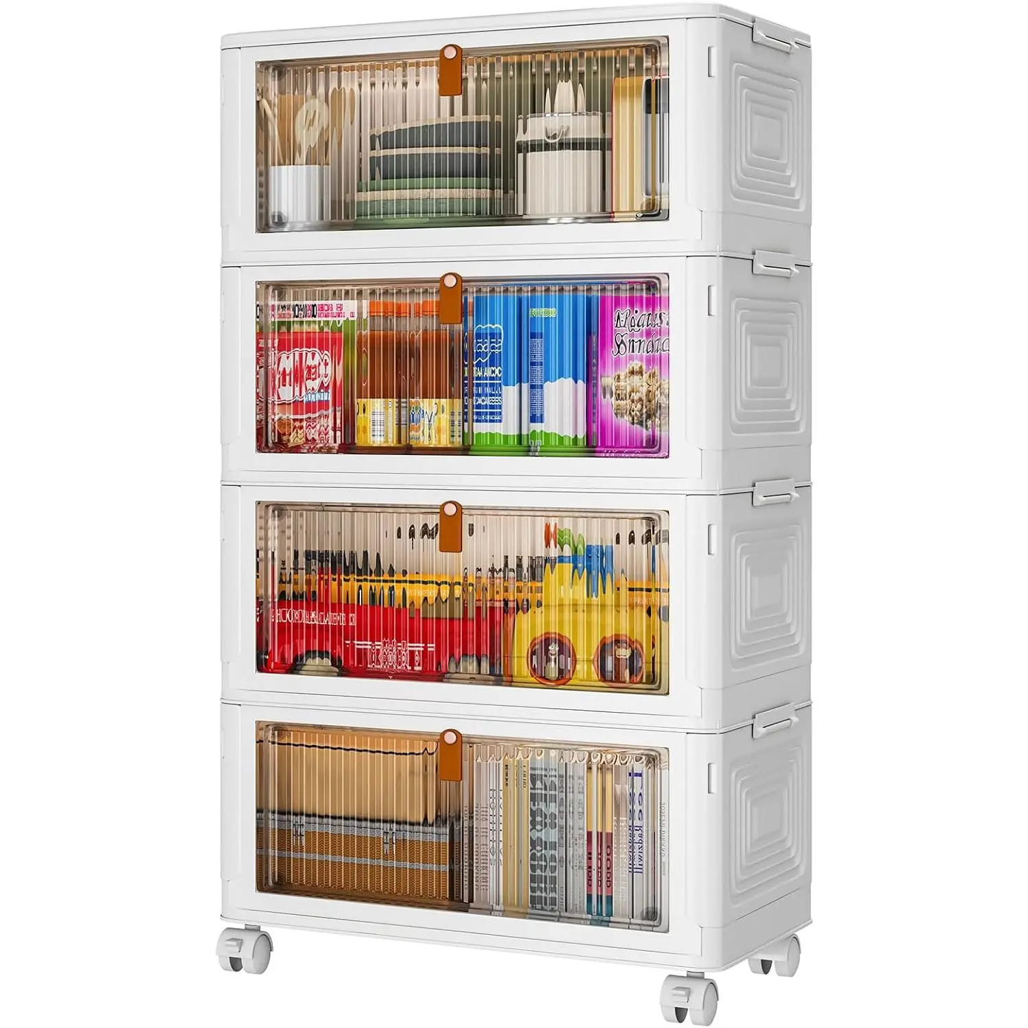 4 Tier 36QT Stackable Storage Bins with Lids | Foldable Plastic Closet Organizer with Front Door 4 Tier 36QT Stackable Storage Bins with Lids | Foldable Plastic Closet Organizer with Front Door