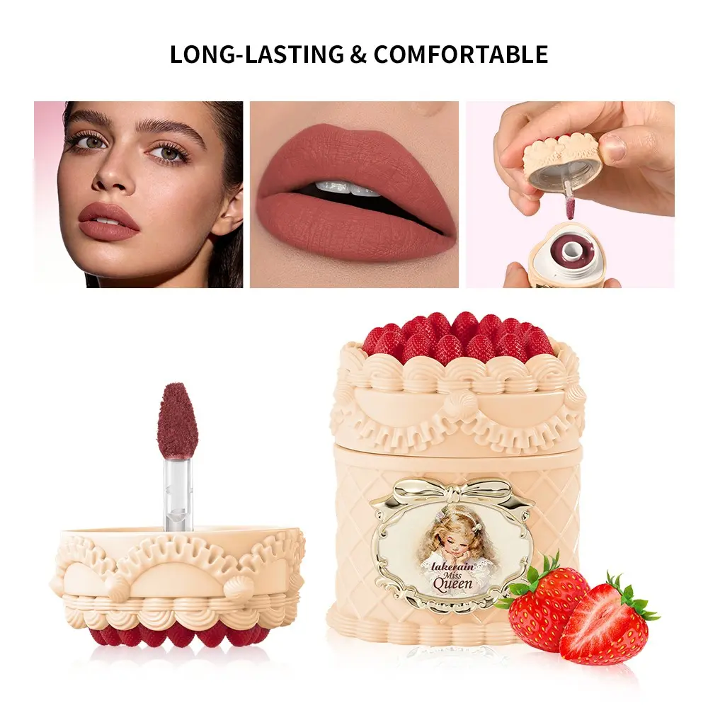 Strawberry Cake Lip Gloss, Gloss Cream, Matte Finish, Smooth and Long-Lasting, Non-Staining, Moisturizing, Flawless, Perfect for All-Day Wear, Lip Products