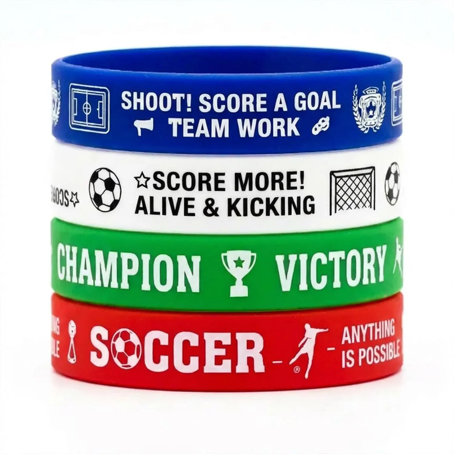 4-Pack Soccer  Wristbands for Adults Teen - Motivational Football  Bracelets (Standard 8" Size) - World Soccer Fan Gear, Team Gifts & Gym Accessories for Men & Women (, Victory, Team Work)