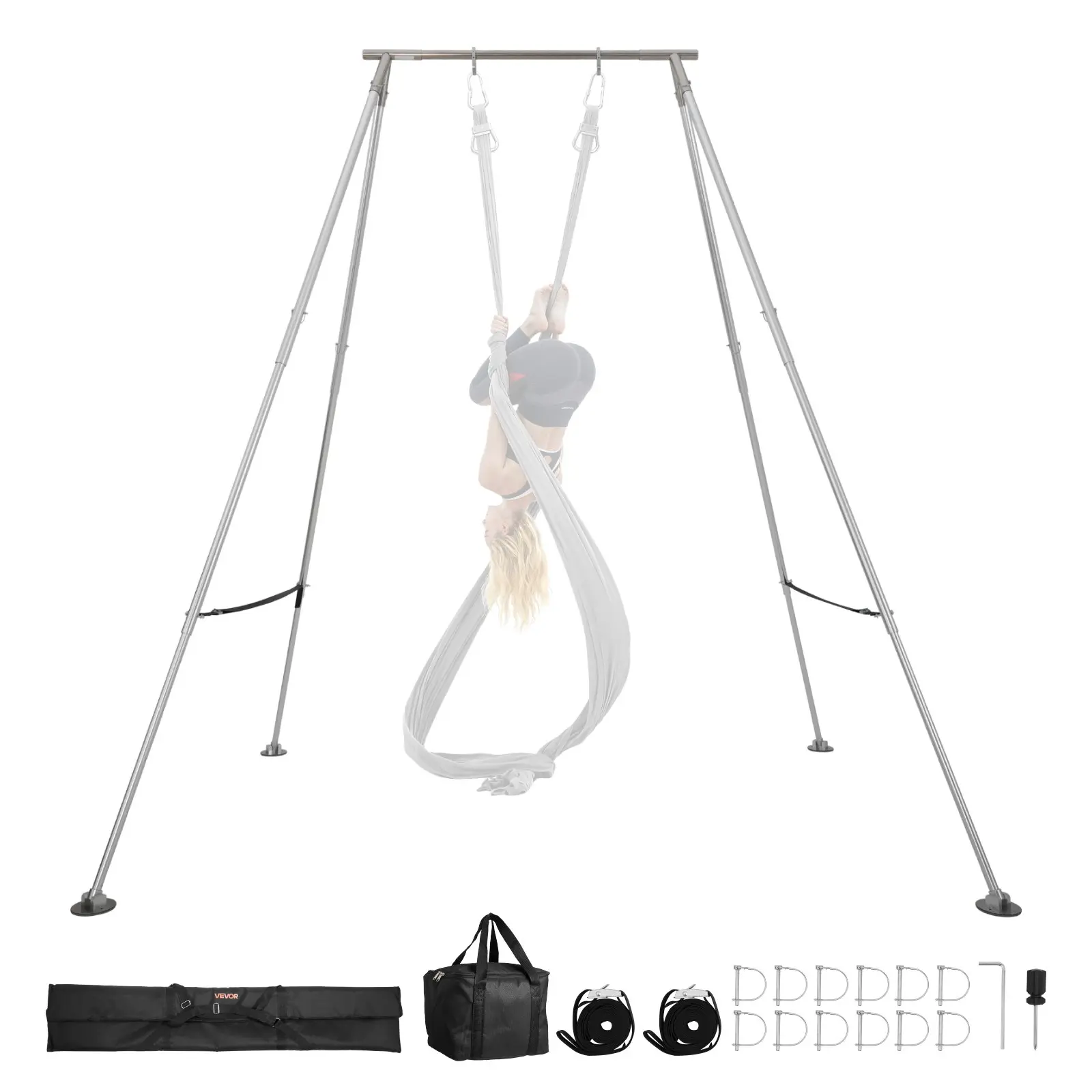 VEVOR Yoga Stand Frame, Max 310 lbs Load Swing Stand, Triangular Structure Pull Up Stands, Aerial Silk Stands with Height Adjustable Aluminum Frame Legs, Stainless Steel Top Bar