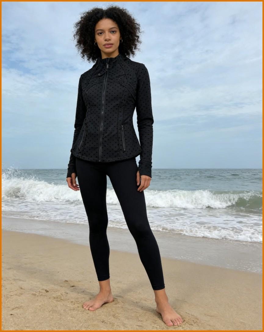 Vibe Outdoor Women's Stylish Black Polka Dot 2-Piece Active Set  Stand Collar Zip Jacket & High Waist Leggings for Yoga, Gym & Daily Wear