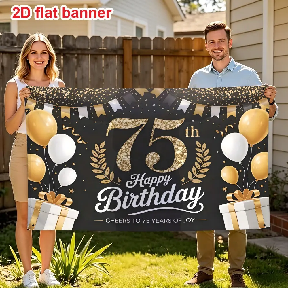 2D Flat Banner Happy Birthday Sign, Number 75 Decoration, Polyester Party Background, 75th Anniversary/birthday Decorations