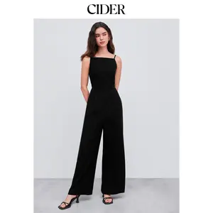 Cider Cotton-blend Square Neck Solid Shirred Jumpsuit