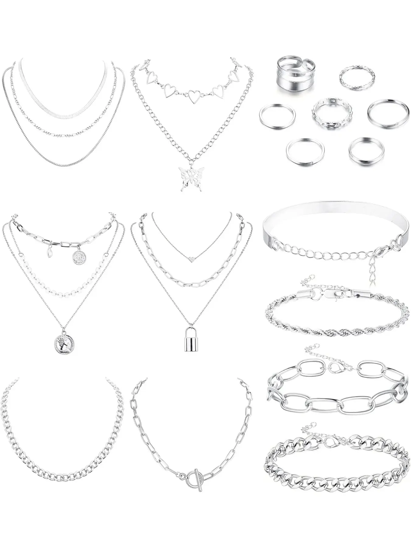 17 Piece Jewellery Set for Women Fashionable Jewelry Set Fashion Accessories for Teenagers Birthday Anniversary Christmas Gifts for Women Girls Multilayer Necklaces Dainty Chunky Bracelets Ankle Rings Layered Jewelry Set