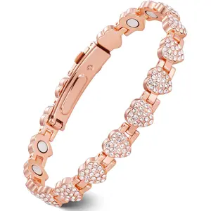 Women's heart-shaped copper bracelet, embedded with 3800 Gauss neodymium magnets and heart-shaped cubic zirconia, a fashionable copper jewelry gift