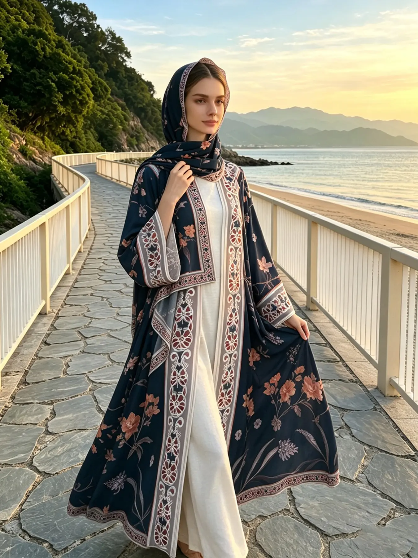 2pc Floral Print Hijab Abaya Set, Long Loose-Fit Ethnic Style, Muslim Wide-Sleeve Outer Robe, Ideal for Eid Travel Photoshoots