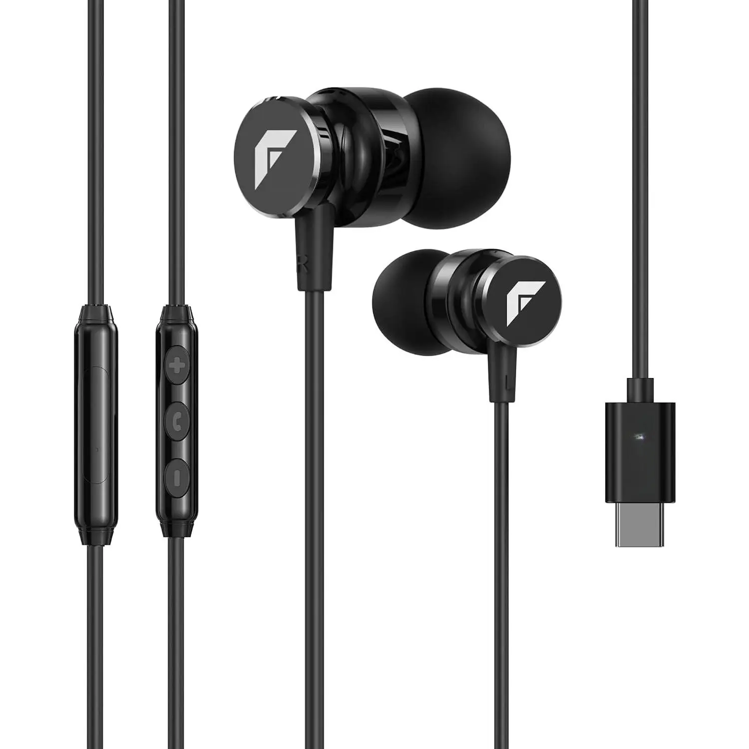 SH-2C Raven USB-C Wired Earphones with Mic, 3.9 ft  | Hi-Fi Bass In-Ear Metal Headphones, Black, 10 mm Driver, Button Control for , , Laptop, Handsfree with Mic