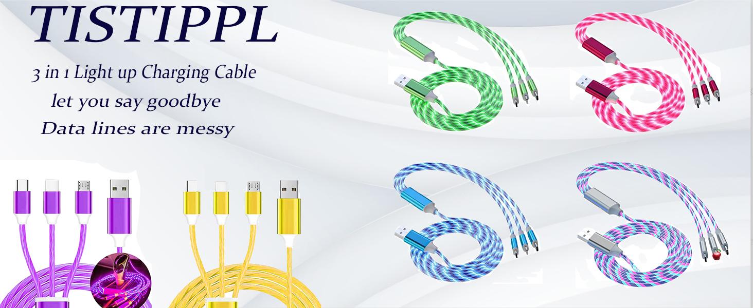 Multi Ports Light-Up USB 3-In-1 Charging Cable, Glowing LED Light Charging Cable, Durable Data Cable, Multifunctional Charging Cable, Super Fast Charger, Phone Accessories for iPhone Android Type C Mobile Phone  As Night Light Use