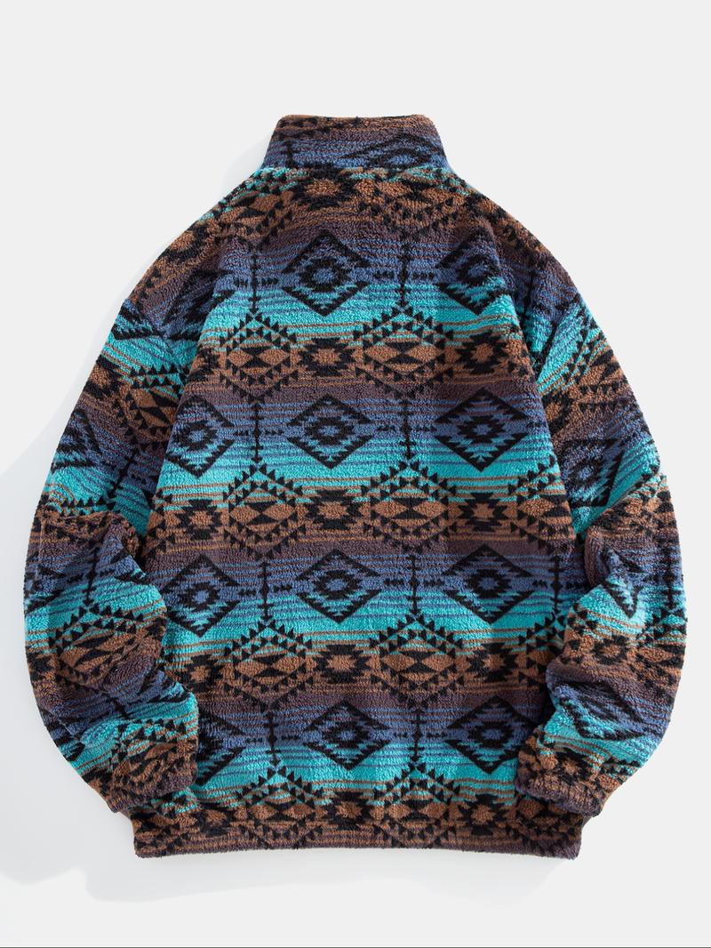 Men's Ethnic Pattern Zip Up Kangaroo Pocket Plush Sweatshirt, Casual Boho Style Drop Shoulder Long Sleeve Fuzzy Outerwear, Men's Fall & Winter Clothes