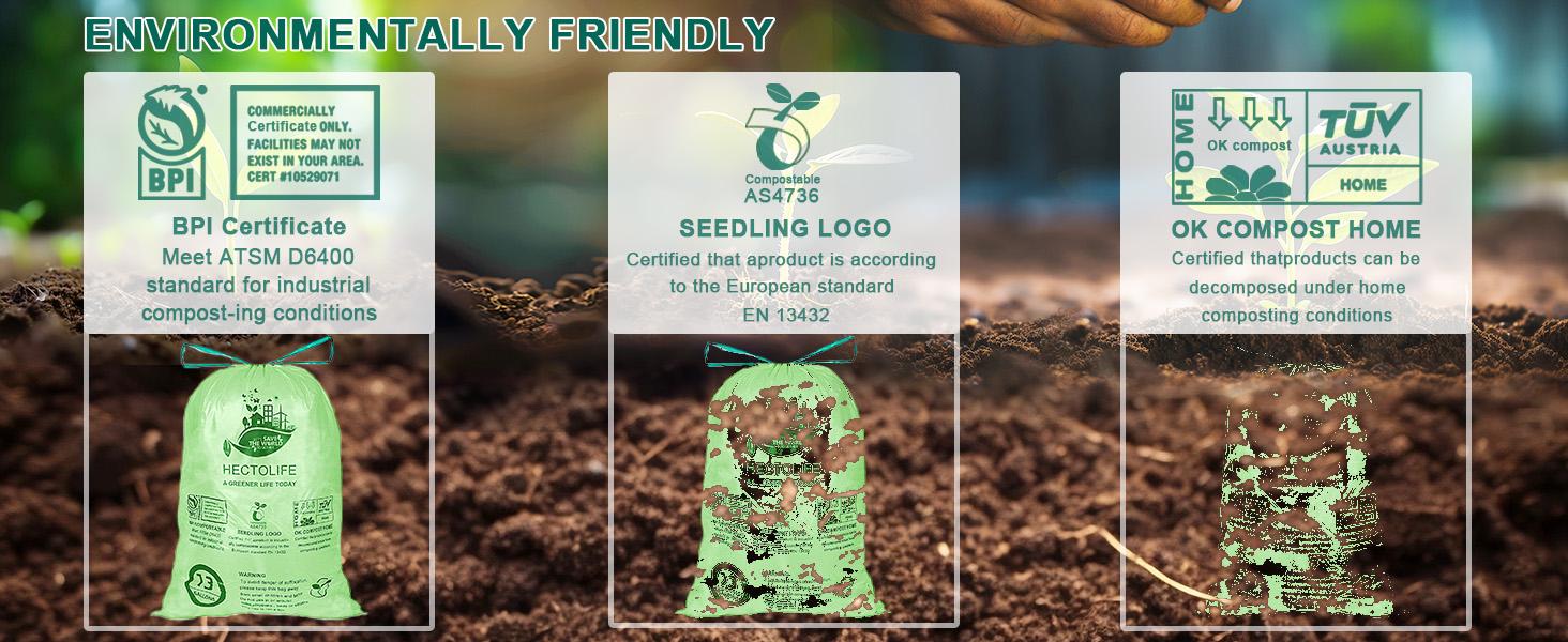 13 Gallon,100 Count, Compostable Trash Bags with Drawstring,Tear Resistant Kitchen Food Scrap Waste Bag, ASTM D6400, US BPI and Europe OK Compost Home Certified