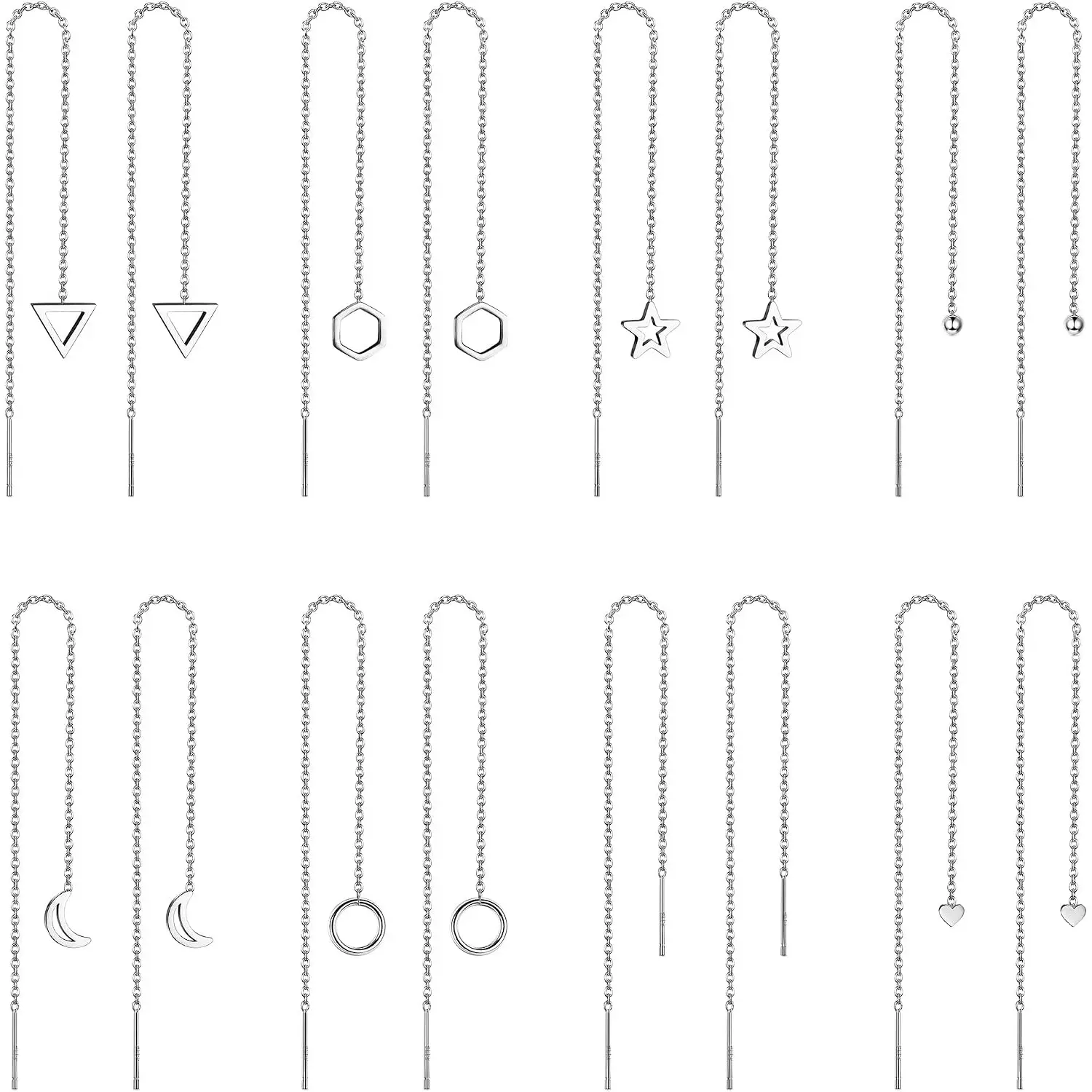 Women's 8-Pair Stainless Steel Threader Earrings Set - Crystal Star, Tassel, Twist String-Style Dangles, Lightweight Long Chain Pull-Through Earrings for Daily Wear, Tassels