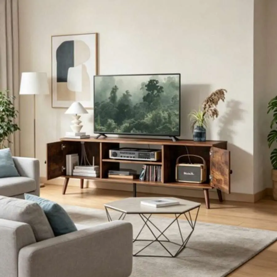 Mid-Century Modern Vintage Brown Media Console TV Stand Fits TVs Up To 60 Inch, Stylish Entertainment Center With 2 Spacious Storage Cabinets