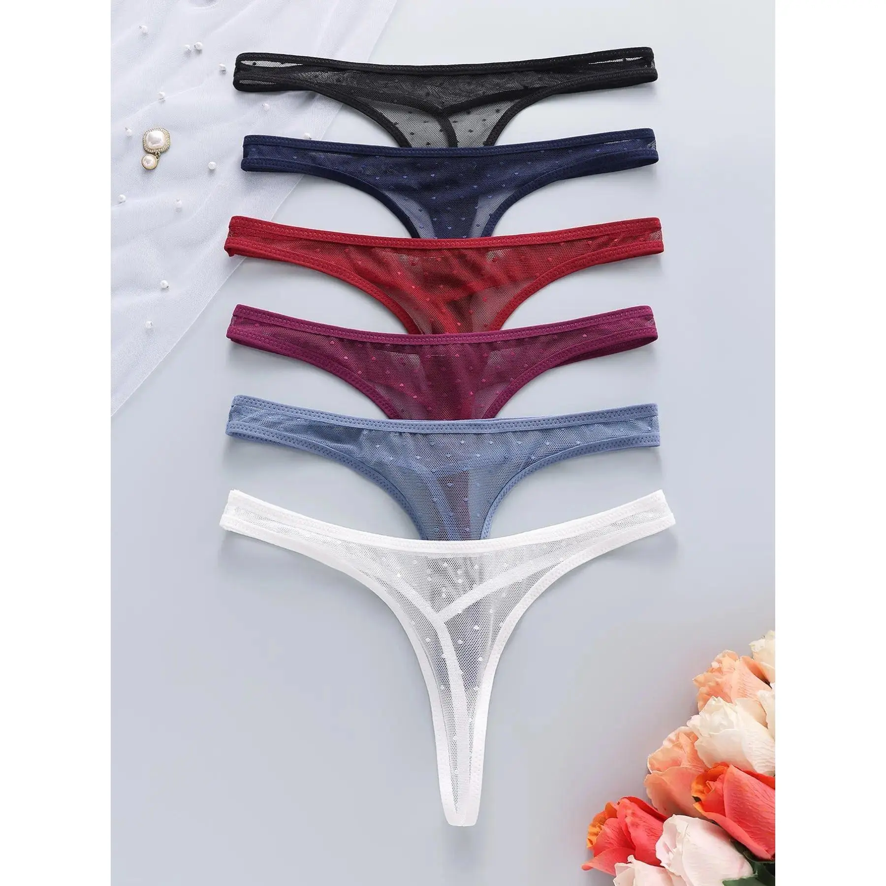 Women's 6-Pack Semi-Transparent Thongs, Sexy Semi-Sheer Lace Mesh Underwear with Fitted Design, Seamless and Breathable for All-Season Comfort, No Irritation, Elegant, Adults