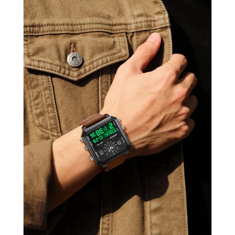 Men's square multifunctional dual screen watch with 3 time zones, stopwatch, alarm clock, countdown and other functions, 30MW waterproof and night light, multiple styles suitable for sports, business and daily wear