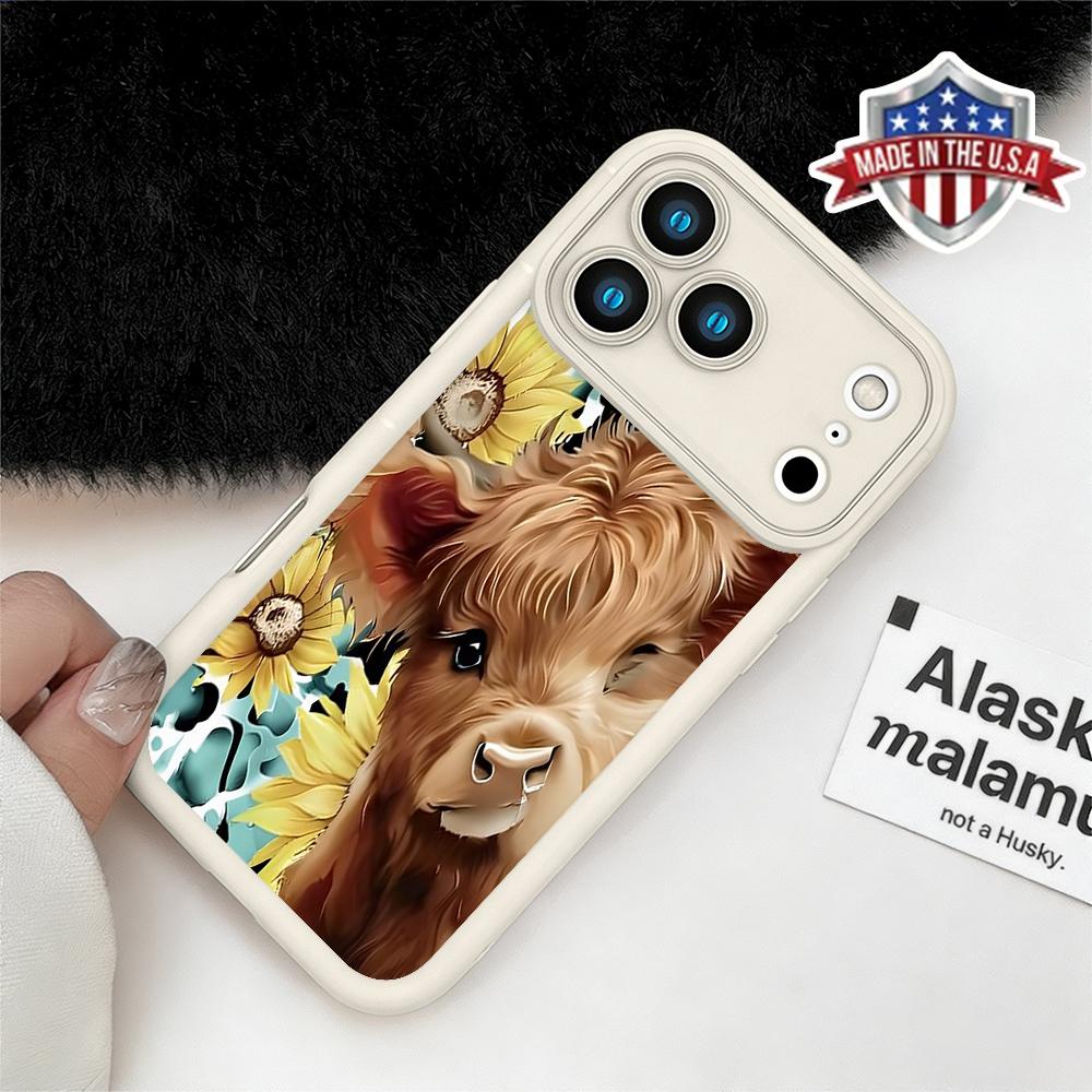 Cute Highland Cow Sunflower Floral Aesthetic Pattern Case for iPhone 17 16 15 14 Pro Max 13 12 11 XR XS Plus Air Slim Shockproof Anti Drop Protective Durable TPU Cover