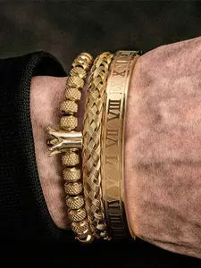 Men's Elegant Braided Bracelet Set, Adjustable Crown & Roman Numeral Design, Perfect for Parties, Daily Wear, Birthday Gift, Fashion Jewelry