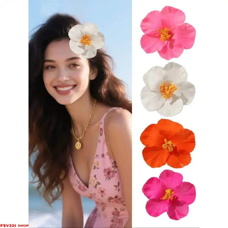 Assorted Set of Hibiscus Flower Hair Clips, Bright Tropical PVC Accessories for Women, Lightweight Boho Style for Beach Trips (4/9 Pcs), Gifts For Women Tropical Hair Accessories for Beach & Vacations