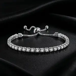 Women's 4mm Cubic Zirconia Tennis Bracelet - Pull-Adjustable Length, Shiny Crystal Silver, Dainty Stackable Wrist Jewelry for Daily, Party Use - Elegant All-Match Fashion Bracelets Accessory