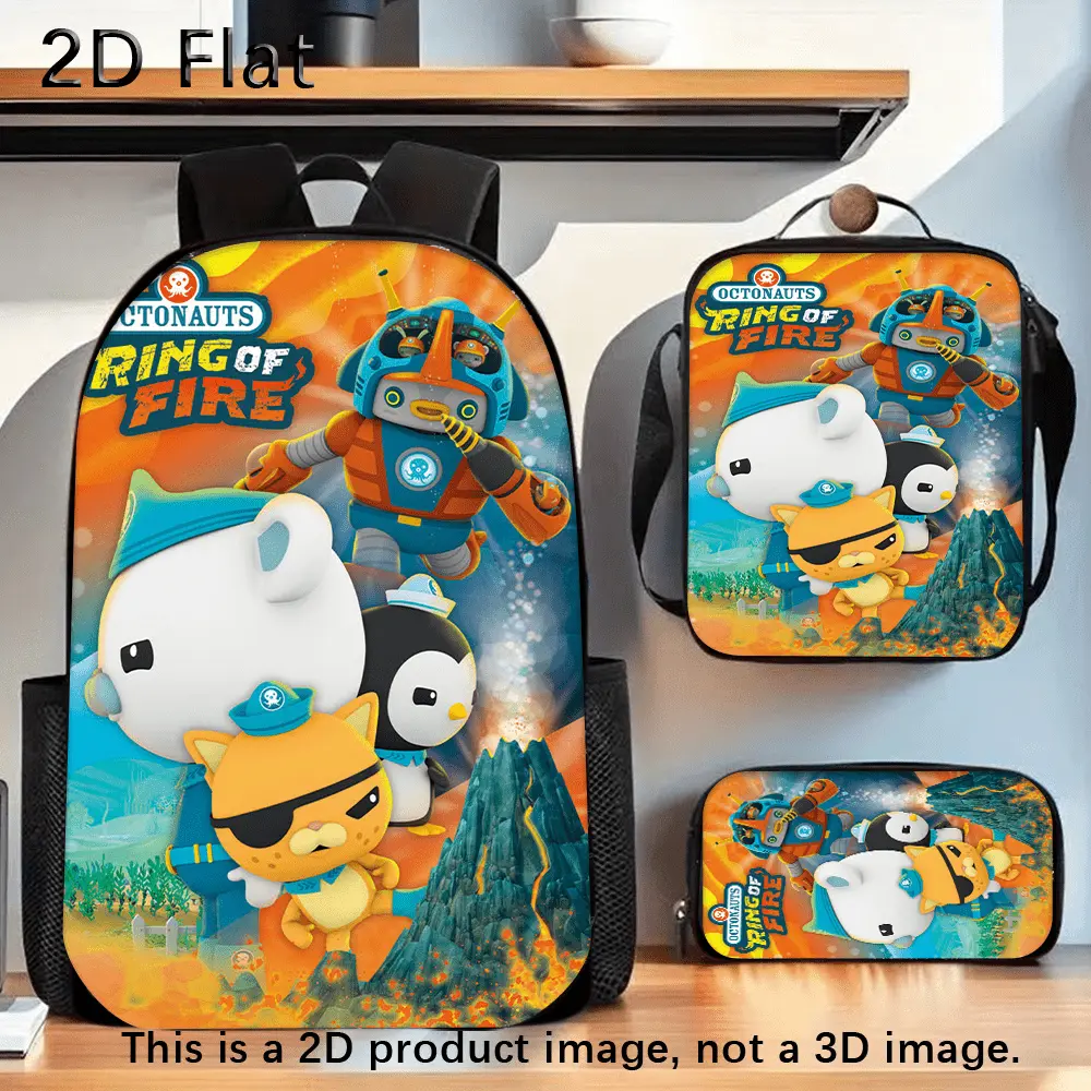 The Octonauts Ring of Fire Volcano 3-Piece Kids Backpack Set, 2D Flat Print 600D Oxford Combo with School Bag, Lunch Bag, Pencil Case, Lightweight, Padded Straps, Multi-Pocket Travel Daypack for Cartoon Fans, Oversized, Hand Wash Only, Ergonomically Built