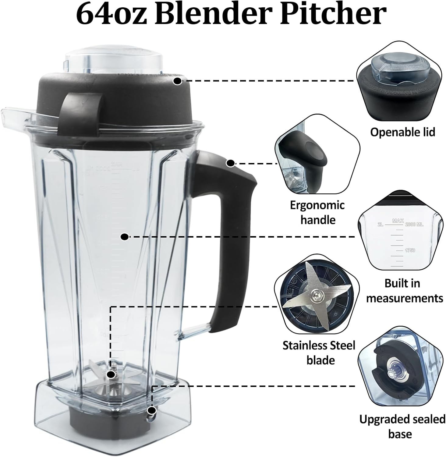 Blender Pitcher 64oz Replacement Container Cup Jar for 5200,6000,6300,5300,6500,7500,750,VM0102, VM0103, Classic C-Series/G-Series/Propel/Professional Series, 2-year full warranty