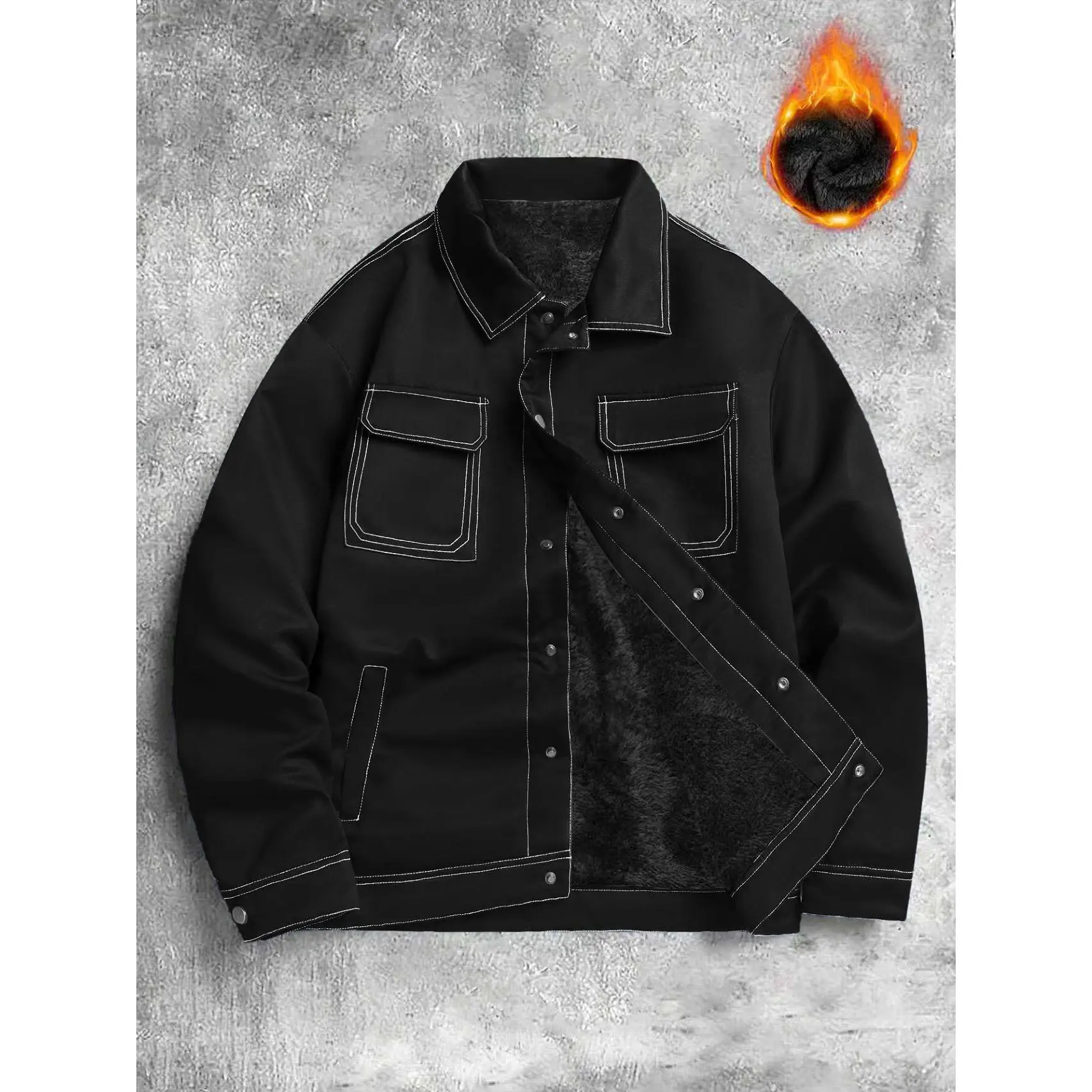 Mens Lapel Collar Work Jacket Black Outer With Plush Fleece Lining White Contrast Stitching Multi Flap Pockets Button Front Relaxed Fit Warm Trucker Coat For Men Daily Street Wear