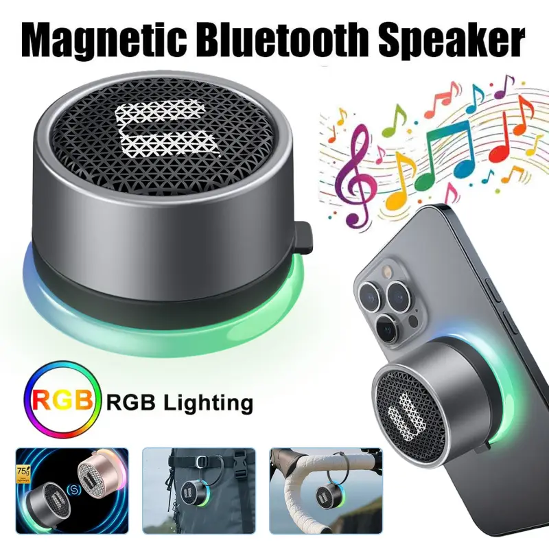 Portable Magnetic Wireless Speaker with Lights, Mini Bluetooth-compatible 5.4, Stereo Sound, Ipx5 Waterproof, TWS Pairing, Ideal for Home, Car, Bike, Camping
