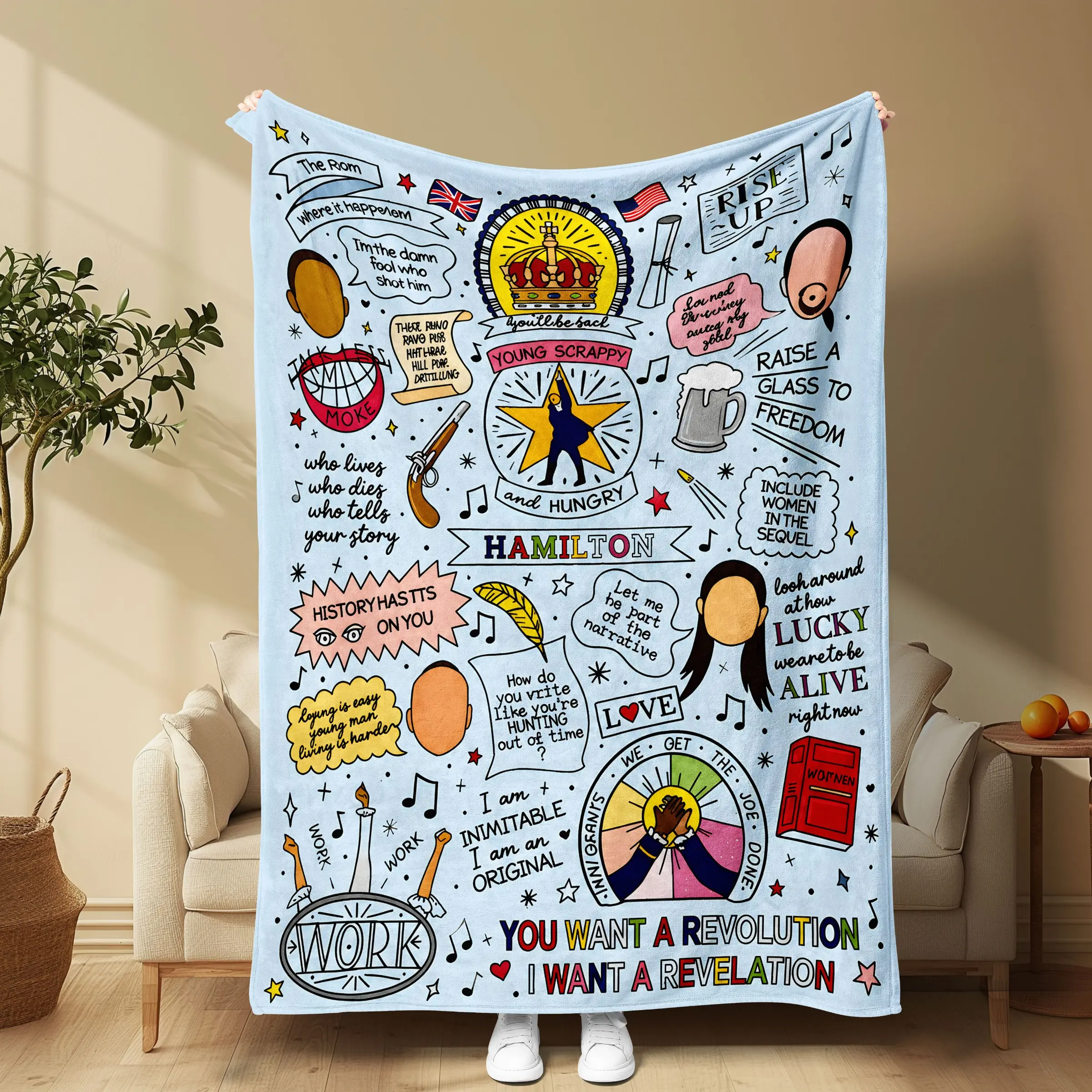Hamilton Musical Light Blue Graffiti Limited Edition Flannel Blanket, Soft High-Density Flannel, Perfect for Sofa Bed Office Nap