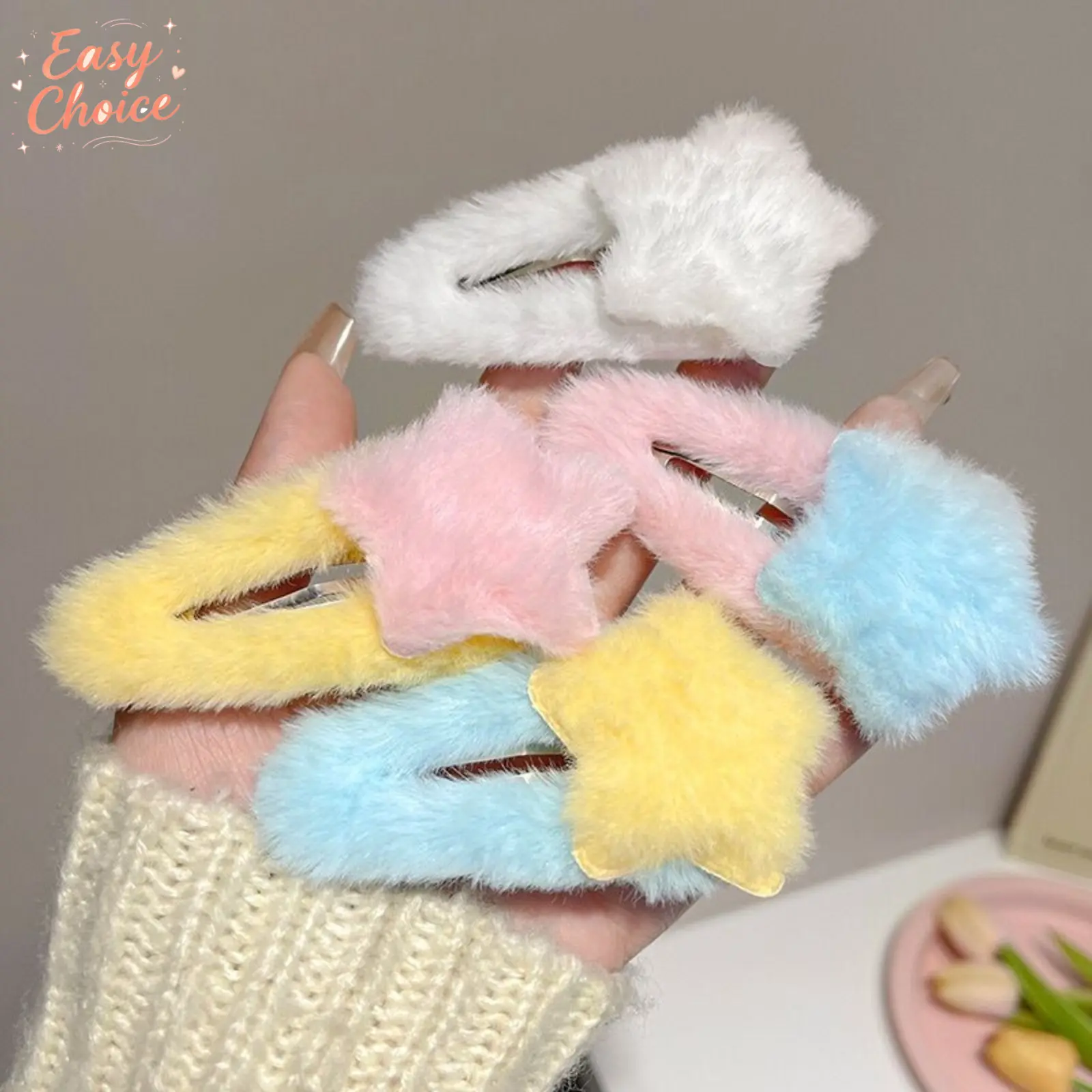 4/2Pcs Fluffy Star Hair Clips For Women, Plush Pentagram BB Clips, Dopamine Style Fuzzy Hair Barrettes, Cute Autumn Winter Hair Accessories, Fashion Decorative Hair Pins For Daily Hairstyle Matching