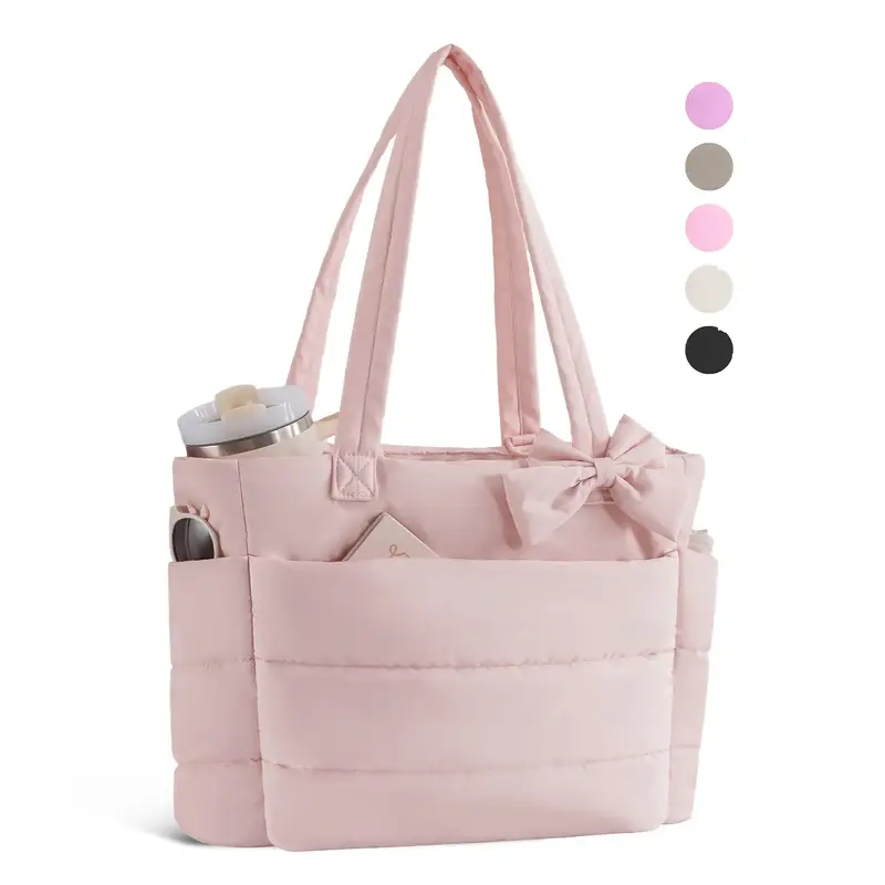 Women's Lightweight Quilted Tote Bag with Zipper, Multiple Compartments, Cup Holder and 15.6-Inch Laptop Compartment, Daily Commuter Tote, Nurse Travel Bag, Practical Bag, Commuter Bags