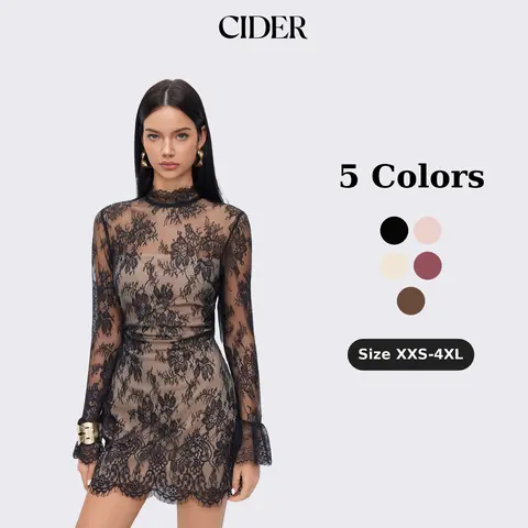 Cider Lace Stand Collar Long Sleeve Straight Mini Dress