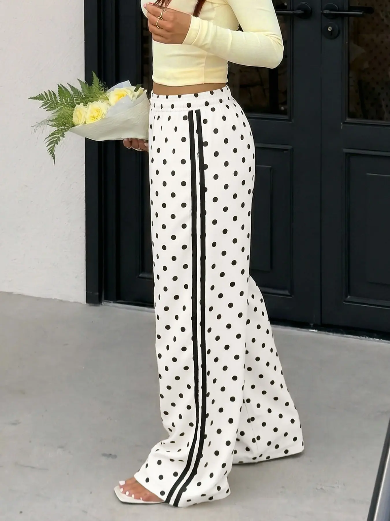 White Polka Dot Wide Leg Pants Bottoms Women High Waist Elastic Waist Loose Fit Casual Streetwear Boho Fashion Trousers Summer Going Out Chic Trendy Polka Print Fashionable Everyday Pants