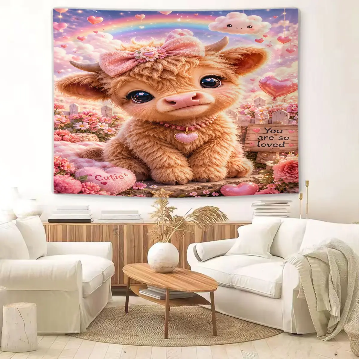 Cute Highland Cow-Themed Printed Wall Hanging, Rainbow Floral Heart Pattern Tapestry, Children'S Gift, Romantic Valentine'S Day Home Decoration, Suitable for Living Room and Bedroom Wall Decoration Backdrop.